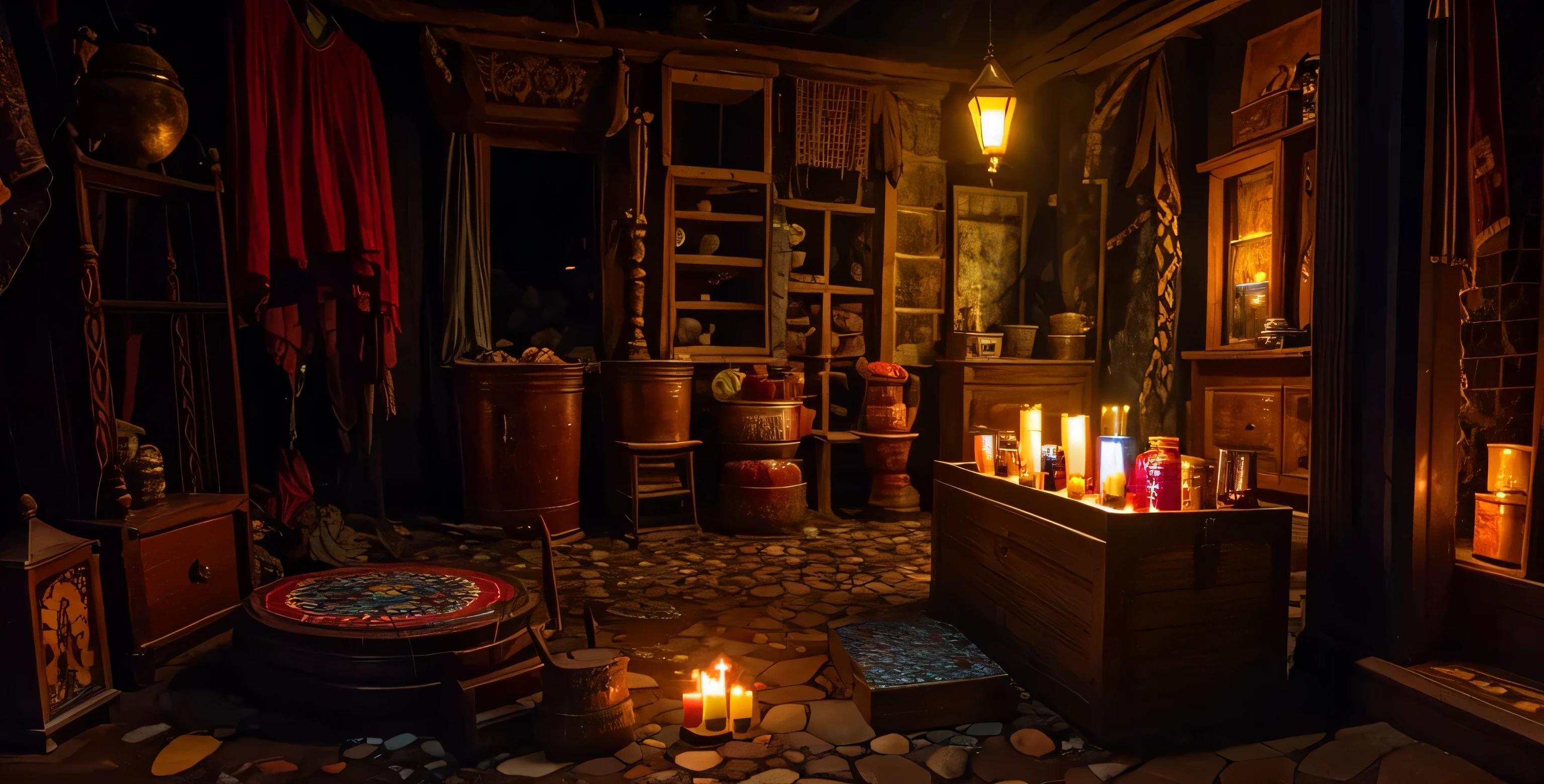 there is a small and cramped room with  antique objects on it, mosaic colorful on the ground, water that fall on the floor, table, ancient object, indiana jones style, tomb rider play style, nightime, candles and lamp liht, cinematic,  antique shop, renaissance, alchemist