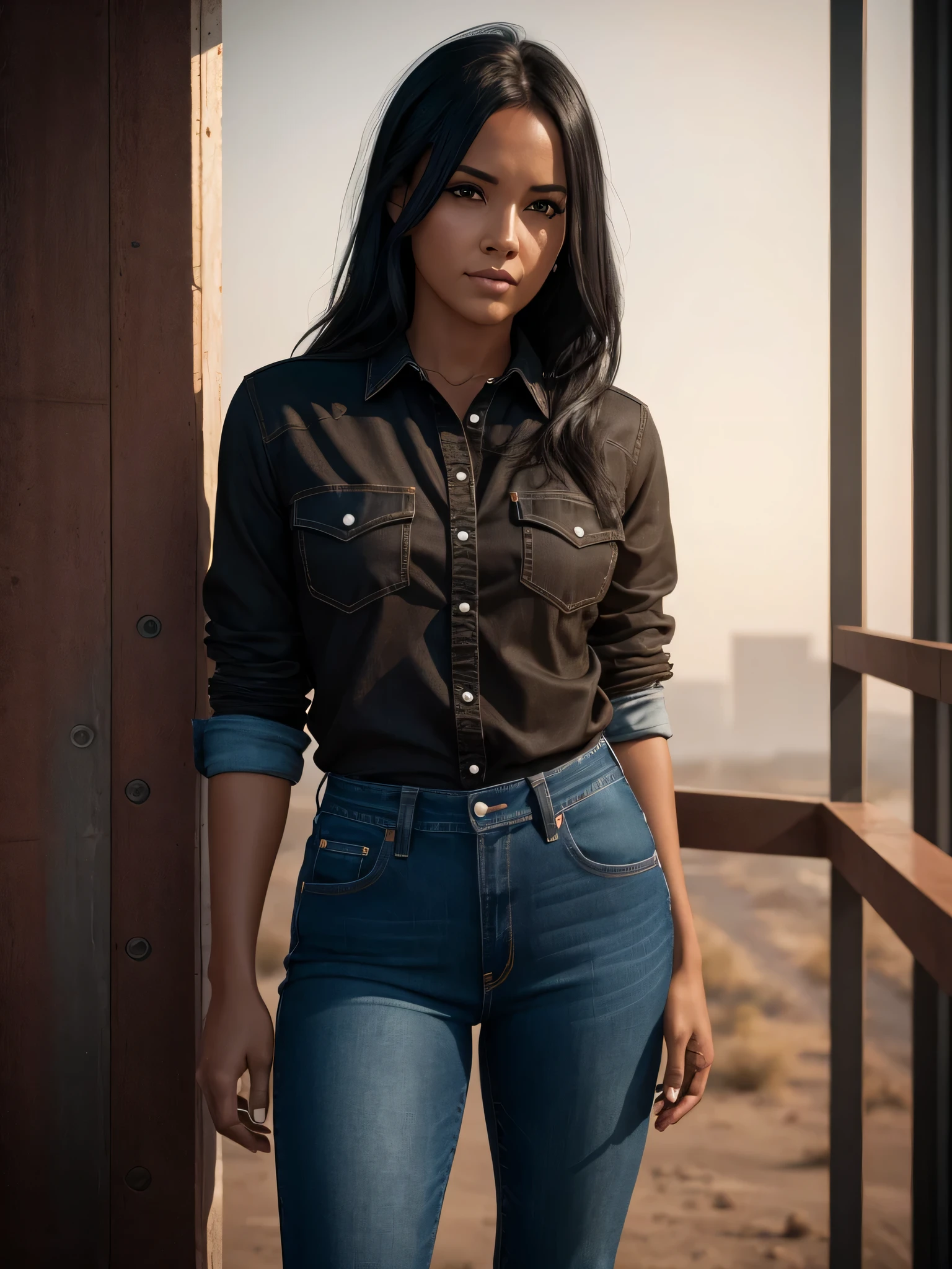by Lee Jeffries Nikon D850 film Stock Photography 4 Kodak Portra 400 camera F1.6 lens rich colors hyper realistic realistic texture dramatic lighting unrealengine trending on artstation cinestill 800, Realista, melhor qualidade, fotorrealista, qualidade 8k, Alta ress, standing, (looking-into-camera), (cowboy shot), girl, straight black hair, jeans pants, brown shirt