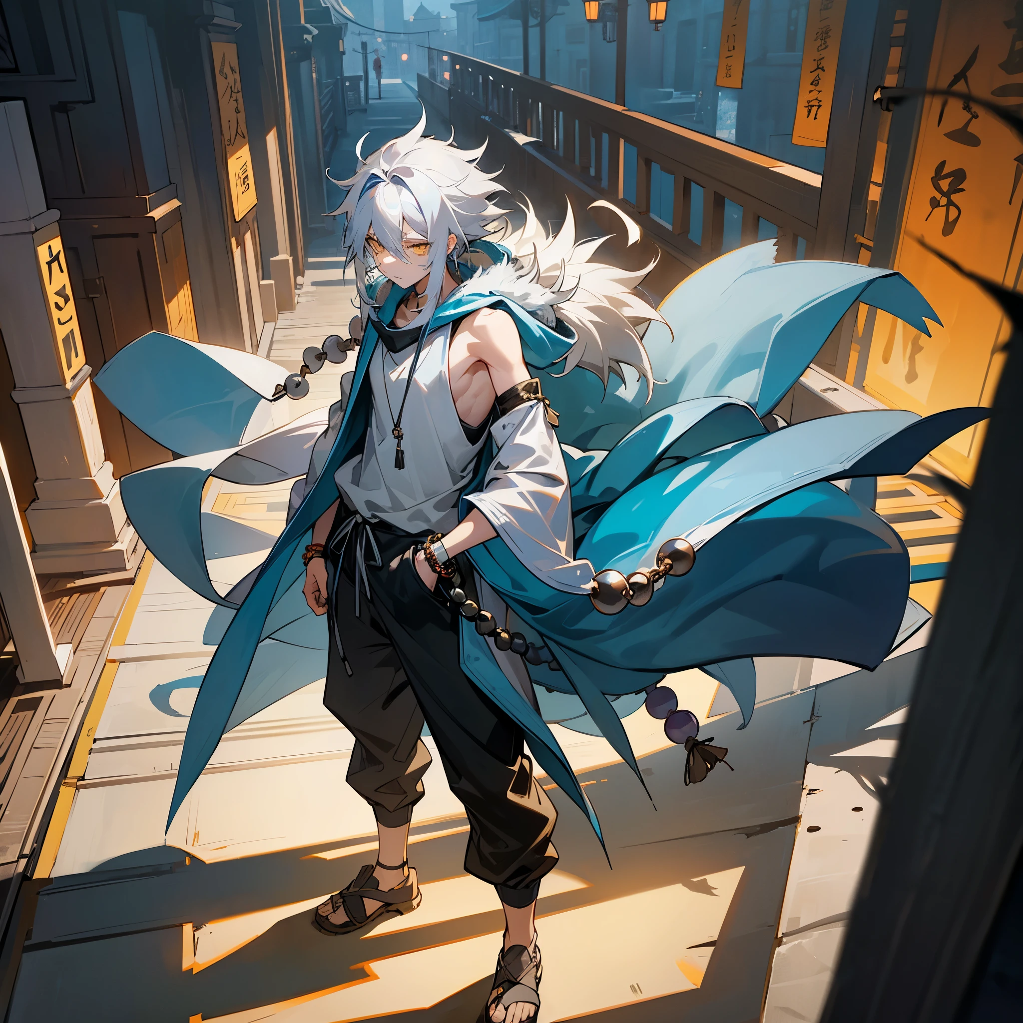 1male, young teen, messy long pale grey hair with blue highlights, finely detailed yellow eyes, walking down alley, loose sleeveless jacket with oversized fur hood, loose black t shirt, loose jogging pants, bandages wrapped around arms, best light and shadows, posing with hands in pockets, night village, flowers, lanterns, prayer beads, prayer beads bracelet
