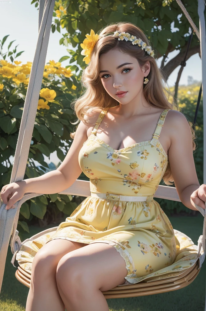 (best quality,4k,8k,highres,masterpiece:1.2),ultra-detailed,(realistic,photorealistic,photo-realistic:1.37),woman,pinup,50's style,yellow floral dress,garter belts,sitting on a flower swing,white scenario,portrait,pastel colors,soft lighting.