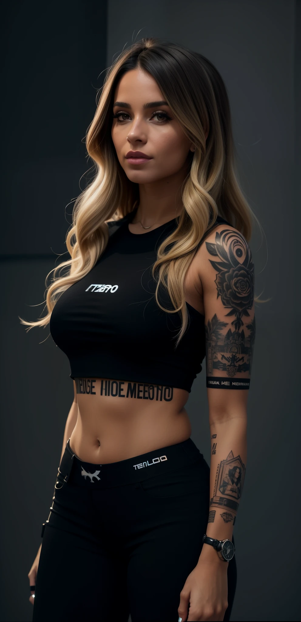 a woman com tatuagens on her arms and chest posing for a picture, tattoo sleeve on her right arm, Fotografia de uma mulher techwear, foto de uma modelo, she is wearing a black tank top, 2 Modelo feminina de 4 anos, tampo preto, usando uma regata preta cropped, com tatuagens, tanque preto apertado, Alana Fletcher, Foto de perfil