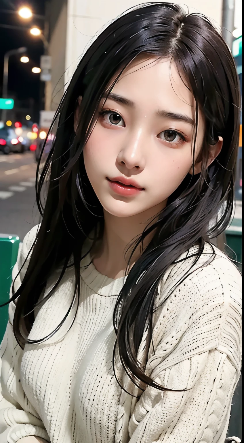 {{Beautiful and detailed eyes},
Detailed face, detailed eyes, thin face, real hands, cute Korean girlfriend 18 year old girl, perfect model body, big breasts, looking at camera, dynamic pose, virginity killing sweater, urban, oily hair