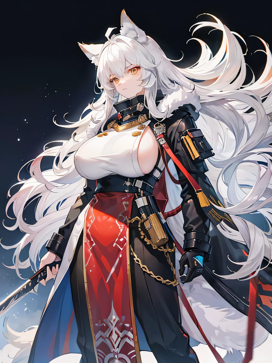 de pele branca, Massive, muscular girl, Kaiju, aggressive, Proud,long, wavy white hair,Long dark blue coat,very very gigantic boobs,muffler,Wolf Girl,Golden decoration,big tail,trouser,Big animal ears,huge sword,long boots,Warm clothing,Clothes that are large in size,No skin exposure,Fluffy,venusbody,arknights,angry,