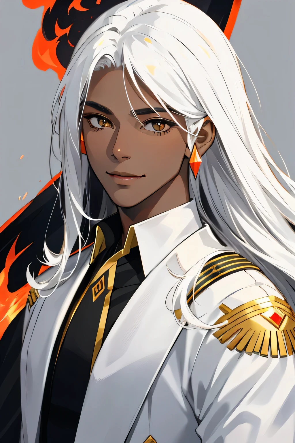1 ember, (very dark skin), golden eyes, white colored hair, hairlong, white  shirt, ssmile, portraite of a, Dark background, (((ember))), elongated face,, business suit