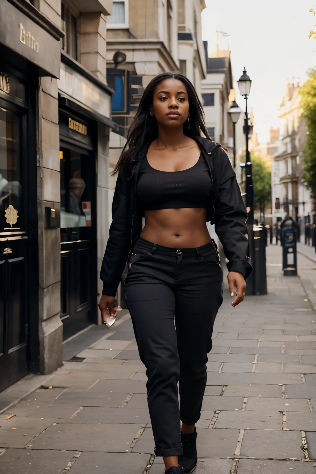Mujer negra caminando por Londres con cuerpo bien definido con pantalones y mostrando el abdomen