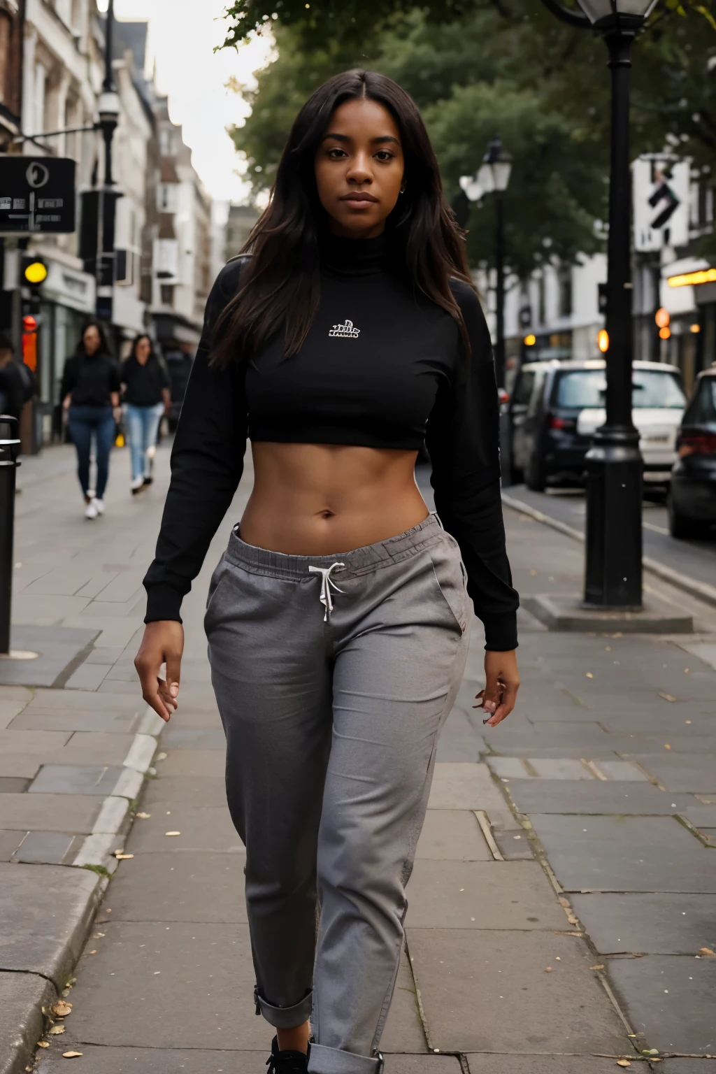 Mujer negra caminando por Londres con cuerpo bien definido con pantalones y mostrando el abdomen