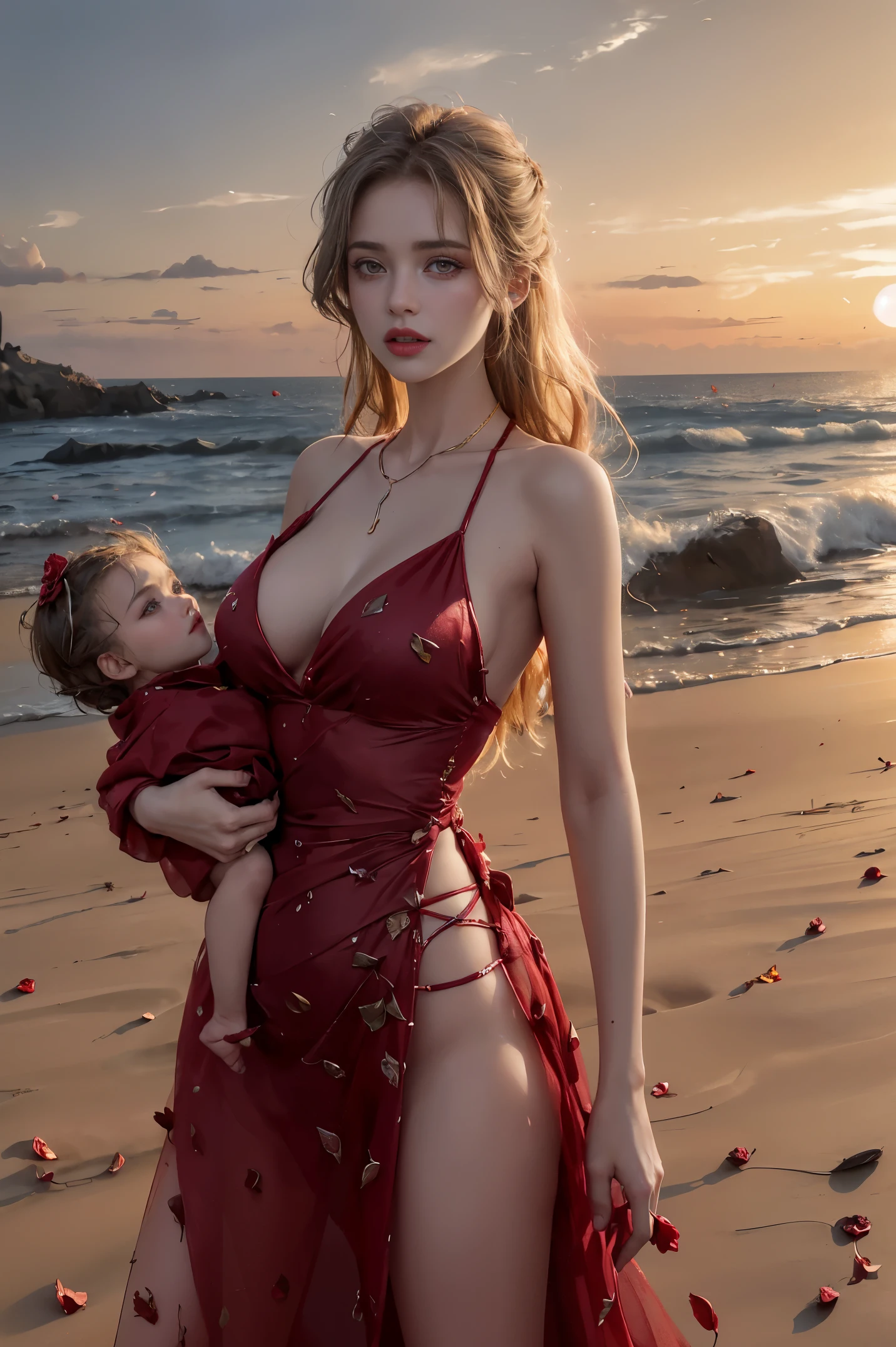 ((Dystopian Landscape with wild red berry and rose petals on the sand)) (( A girl)) stands with a baby zalmander . The girl wears a transparent red tight dress with gold chain ober her bbreasts Silver long hair is covered with silver giltter artist Theo James, James Dean, Idina French, Mary Jurgen