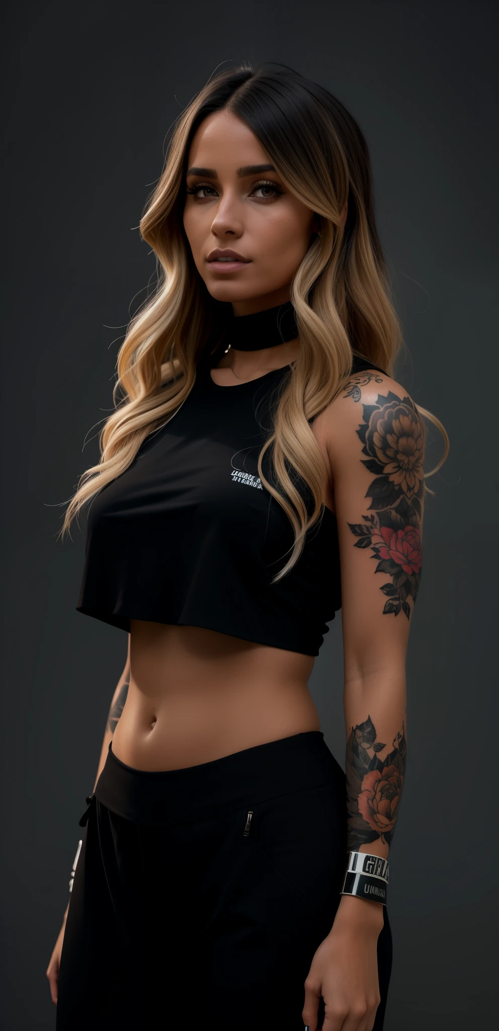 a woman com tatuagens on her arms and chest posing for a picture, tattoo sleeve on her right arm, Fotografia de uma mulher techwear, foto de uma modelo, she is wearing a black tank top, 2 Modelo feminina de 4 anos, tampo preto, usando uma regata preta cropped, com tatuagens, tanque preto apertado, Alana Fletcher, Foto de perfil