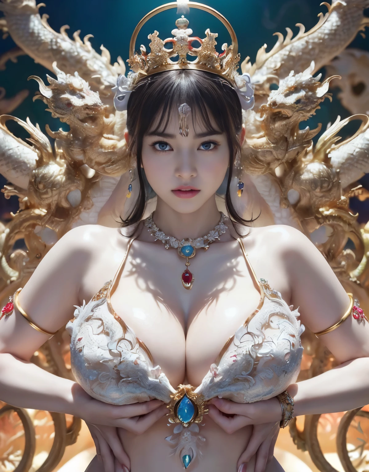 (intense chest expression）,top-quality、​masterpiece、超A high resolution、（Gold Dragon Armor）、(((Colossal tits)))、(((large floral ornament on the head))),(((Detailed Micro Bikini))),(Wearing a beautiful crown made of jewels),(Photorealsitic:1.4)、Raw photo、女の子1人、(((Random hair))、(((Take different poses)))、glowy skin、(((White Chinese Dragon)))、Intricate and ornate hair ornaments、（Looks like a gorgeous jewelry necklace）、（Full Body Angle）、（fight big dragonet bikini）、((Beautiful sea background)),Precipitous cliffs、(Castle background)、((super realistic details))、portlate、globalillumination、（sexypose）、Shadow、octan render、8K、ultrasharp、Colossal tits、Raw skin exposed in the cleavage、metals、Details of complex ornaments、Japan details、highly intricate detail、Blue eyes、Eyes shining towards the camera、Toostock、（Full Body Angle）、（veils）、(((Heavy Big))),((she is wearing a beautiful jeweled bangle.)),Beautiful hip line、