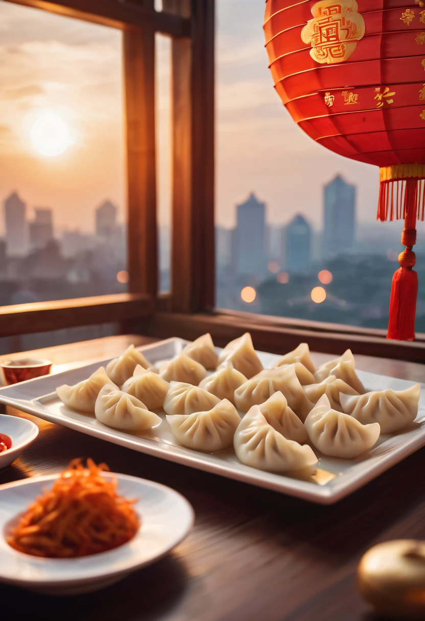 A plate of crescent-shaped dumplings on the table,Fireworks outside the window light up the sky,Chinese New Year Festival, (auspicious, Red),(traditional, culture),(Pleasant, festive)