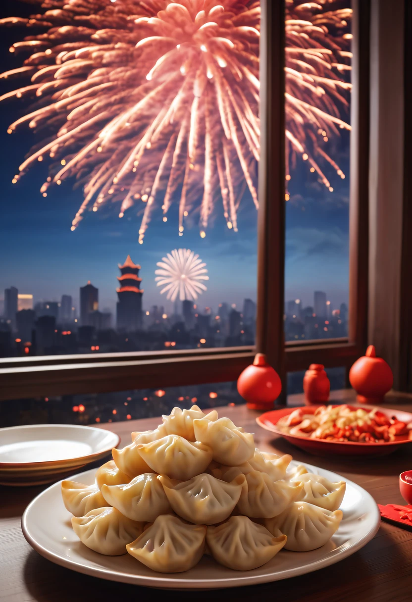 A plate of crescent-shaped dumplings on the table,Fireworks outside the window light up the sky,Chinese New Year Festival, (auspicious, Red),(traditional, culture),(Pleasant, festive)