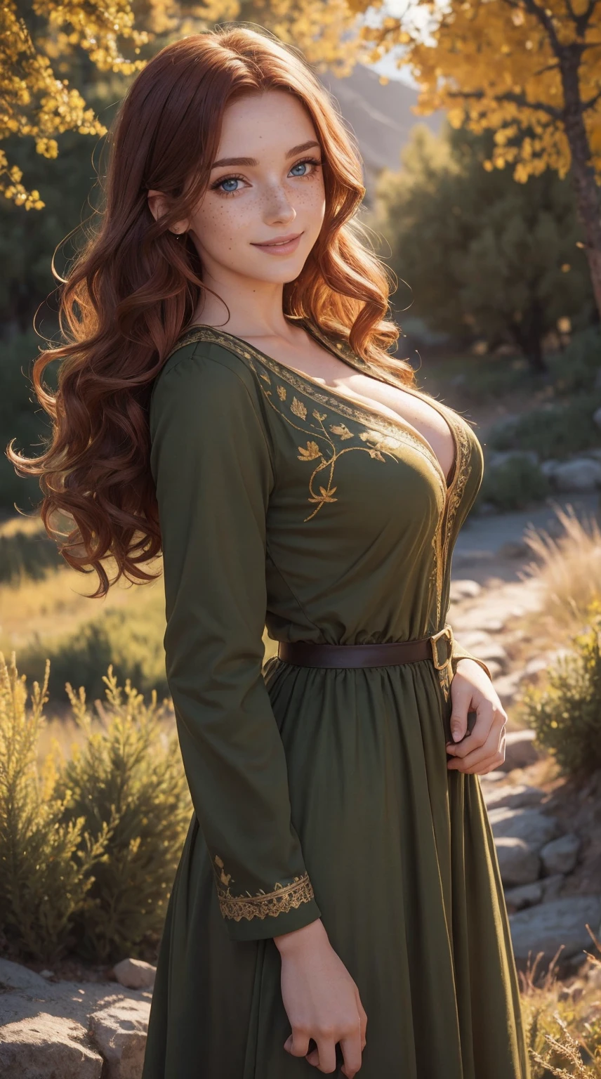 Beautiful, (cute), 23 year old European woman, arafed, similar to amouranth, red hair, long hair, curly hair, perfect face, freckle spotted face, (sharp features), thousands of (freckles), smiling, (cheerful), happy, blue eyes, perfect eyes, symmetrical eyes, cleavage, perfect breasts, skinny, (uniform hands), normal hands, olive green dress gold embroidery, Sierra Nevada Mountains, nature, autumn, subject is well lighted, (cinematic lighting), (high quality), (detailed), (8k ultra hd), 1 person