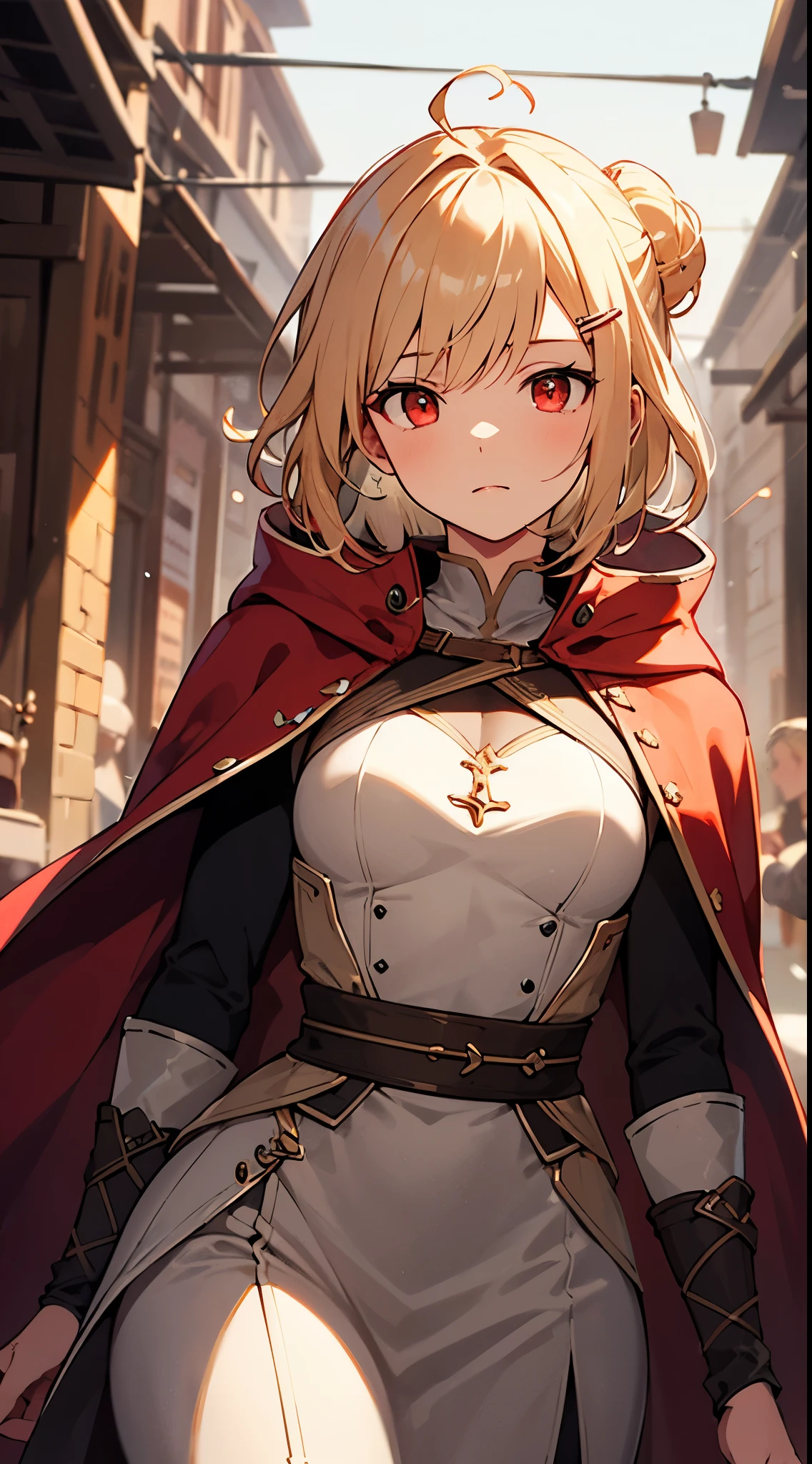 [masterpiece, ultra-detailed, best quality, soft skin, beautiful] blonde hair, red eyes, archer, cloak, hairpin, medium hair, hair-up, fit body, dynamic angle, medieval shop background, hardened expression.