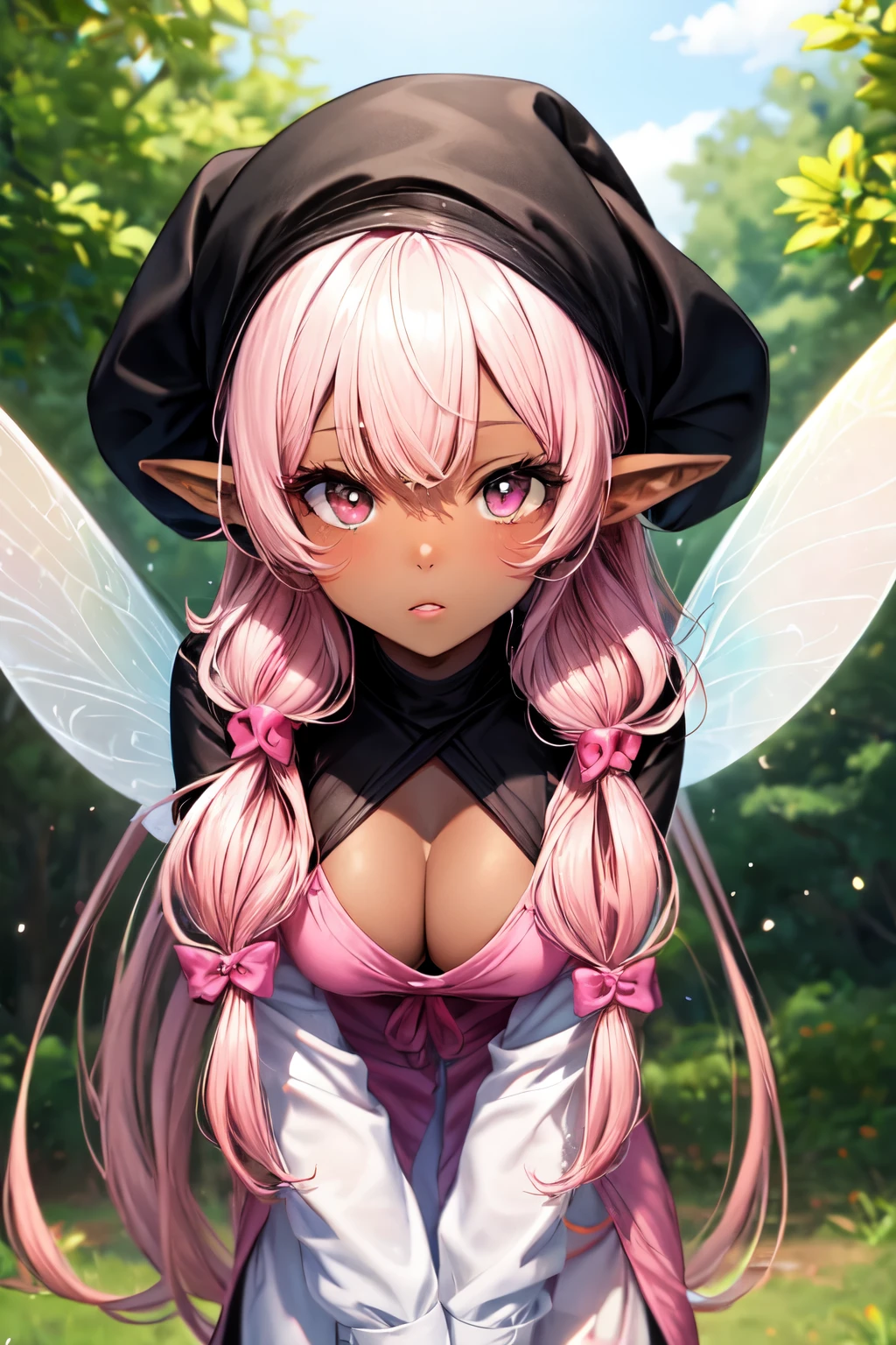 Fairy, black skin, pink hair, white eyes,