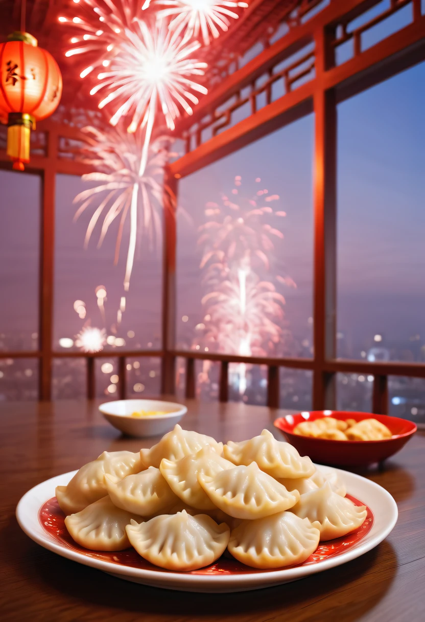 A plate of crescent-shaped dumplings on the table,Fireworks outside the window light up the sky,Chinese New Year Festival, (auspicious, Red),(traditional, culture),(Pleasant, festive)