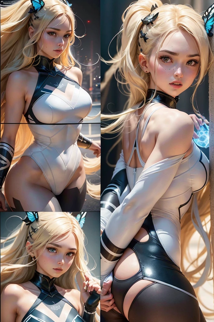 One character is young Lola. The girl is full-length, very graceful, stands half-turned, has an athletic posture, and looks at the viewer. White skin, light long straight hair, waist length. Pleasant, pretty, sexy, slanted cat eyes, sweet smile. Gymnast, in a sports leotard, white with blue accents. An elegant figure, a long colored ribbon in the hands draws complex patterns in space. Gymnastics PA. Big tournament. Champion. Dark background, majestic sports hall, world competition. Lights, spotlights, gymnastic carpet. A graceful wave of the hand, a long colored ribbon, describes a complex pattern in space. Artificial lighting, sports facility, large-scale , many spectators! Contrasting light emphasizes a young, flexible, graceful body! Warm light, cold side shadows., 02 _Clear image. Highest quality. Wide format FUL HD. 8K. Cinematic rendering. Animated film. Art station. Marvel superhero. Riot Games character. Unreal engine. High-quality textures: white code, blond hair, light bl, hair behind ear, hair intakes, long hair, very long hair, hairpin, hairclip, hair ribbon, hair ornament, x hair ornament, butterfly hair ornament, makeup, Surrealism, Art Deco, modern, chiaroscuro, depth of field, sparkle, glowing light, ray tracing, ray tracing, drop shadow, UHD, retina, masterpiece, ccurate, anatomically correct, textured skin, super detail, high details, award winning, 8k, highres