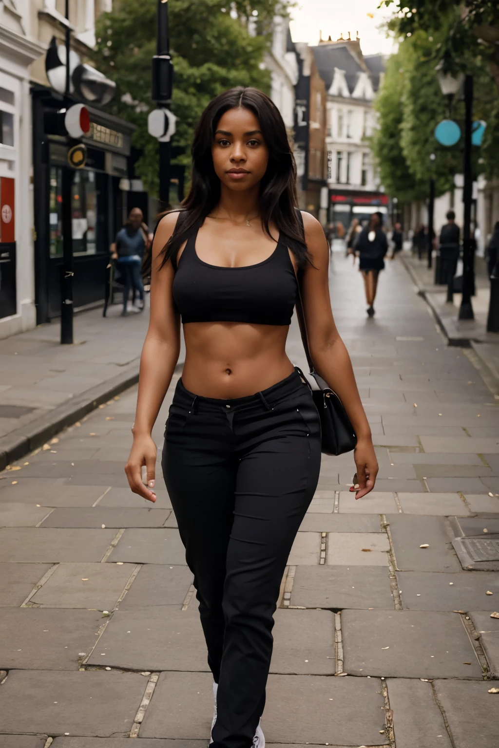 Mujer negra caminando por Londres con cuerpo bien definido con pantalones y mostrando el abdomen