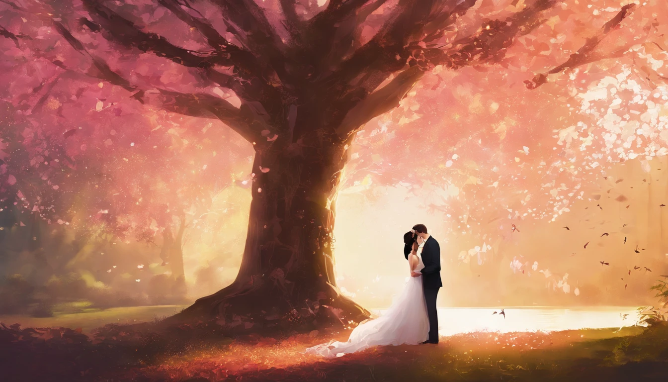 a romantic shot of the bride and groom sharing a sweet kiss under a beautiful tree in the park, with soft sunlight filtering through the leaves, creating a dreamy and enchanting atmosphere