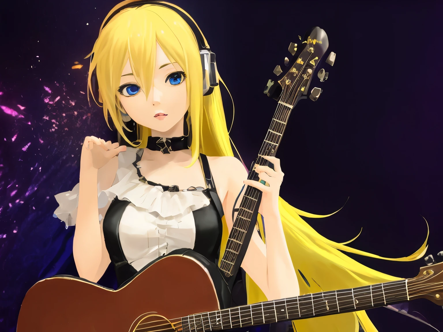 masterpiece, top quality 16k raw photo of Vocaloid3 Lily posing, blond hair blue eyes. guitar background.