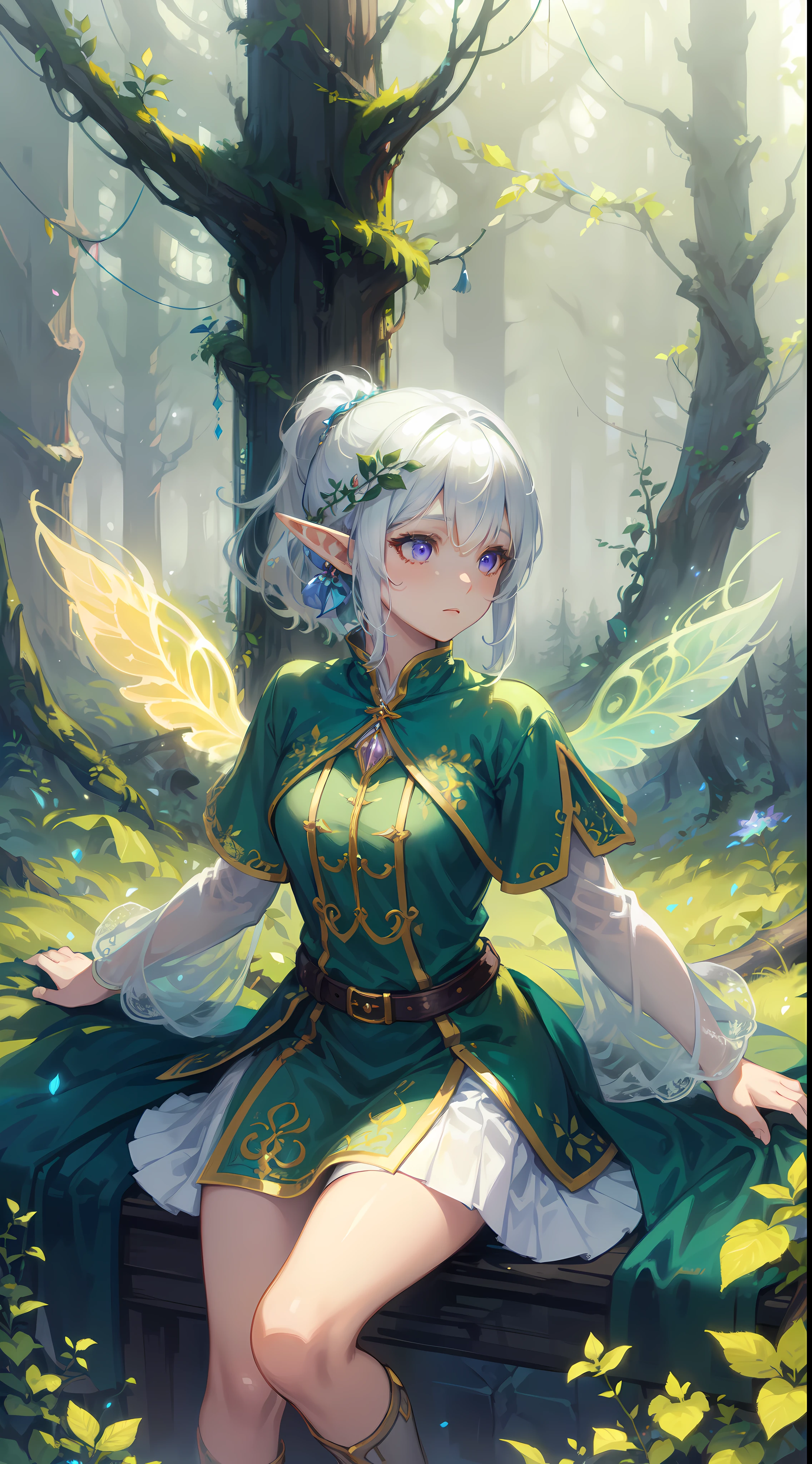 (Exquisite art style: 1.2 + bright colors: 1.2), (HD wallpaper + ultra-high precision: 1.2), When you think of "elf wings", you will imagine a flowing, elegant elf girl, flying in the air, surrounding the woods and wilderness. Her wings can be white, gold, or silver-gray, shining. She can wear dresses, short skirts or blue silk. Surrounded by trees, flowers and small animals, it full of nature and magic. The theme "Wings of Elves" good at depicting brightly colored and detailed dreamy pictures, which lead people's imaginations infinitely to the world of and fantasy, BREAK, highly detailed of (elf), (1girl), perfect face,details eye, short hair, low ponytail, Blunt bangs, (hair between eye), white hair, violet eyes, fantasy art by Artgerm, by Kawacy, by Wadim kashin