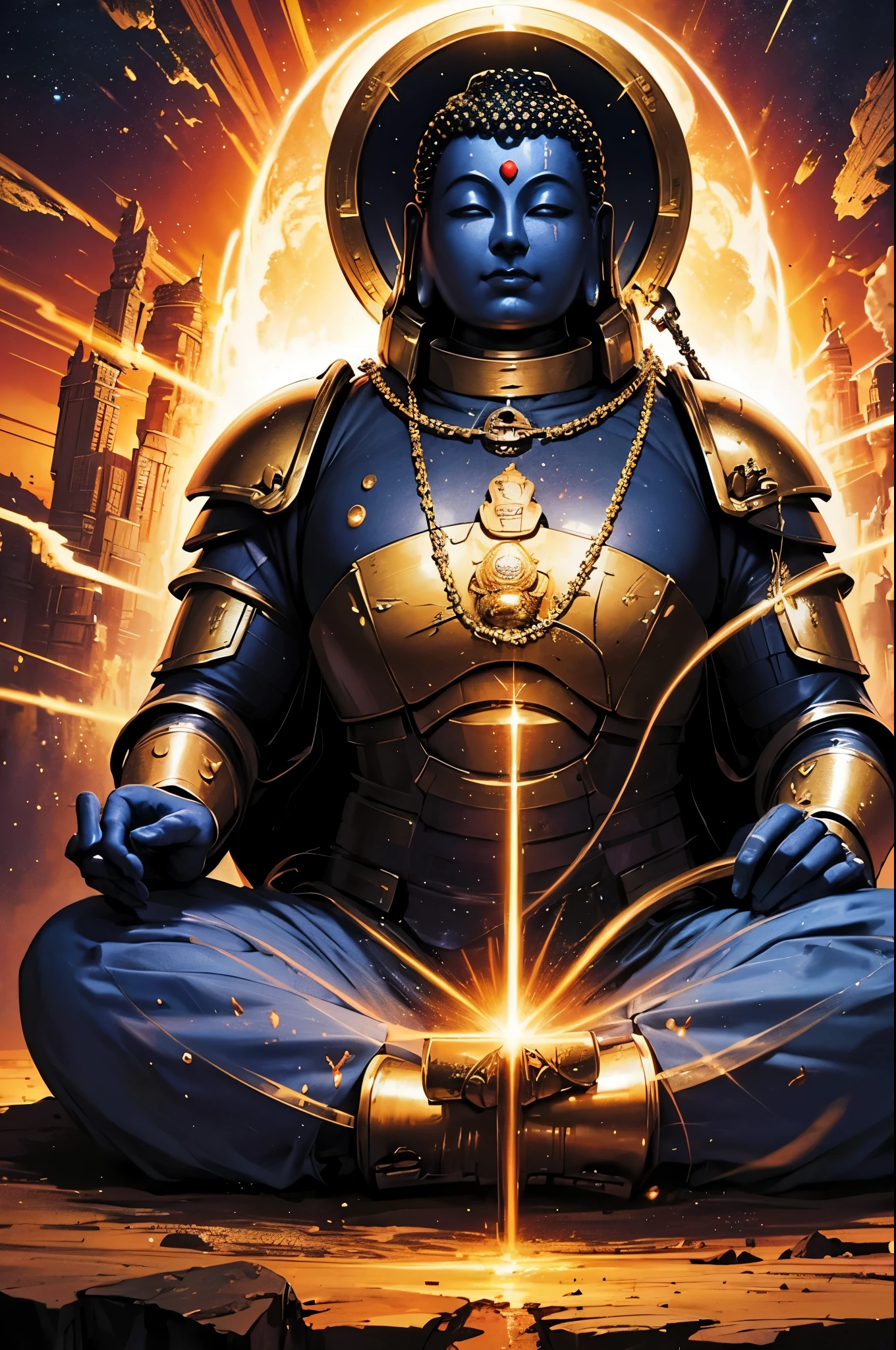"((Buddha)) draped in cosmic ((space Marine Armor)), seated in profound meditation amid nebulous clouds, a visual symphony of ancient mysticism and futuristic marvel, golden hour radiance, rule of thirds excellence, (scifi book cover illustration)"