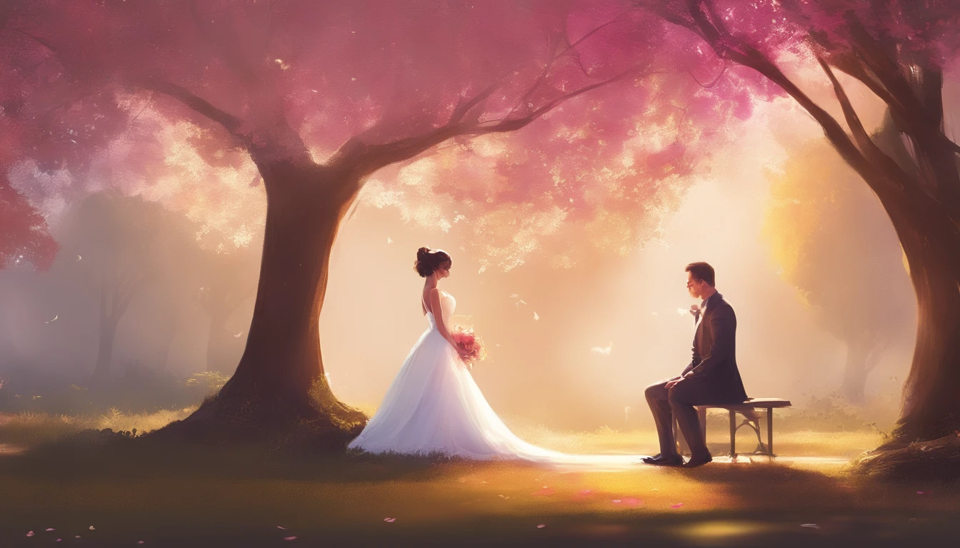 a romantic shot of the bride and groom sharing a sweet kiss under a beautiful tree in the park, with soft sunlight filtering through the leaves, creating a dreamy and enchanting atmosphere