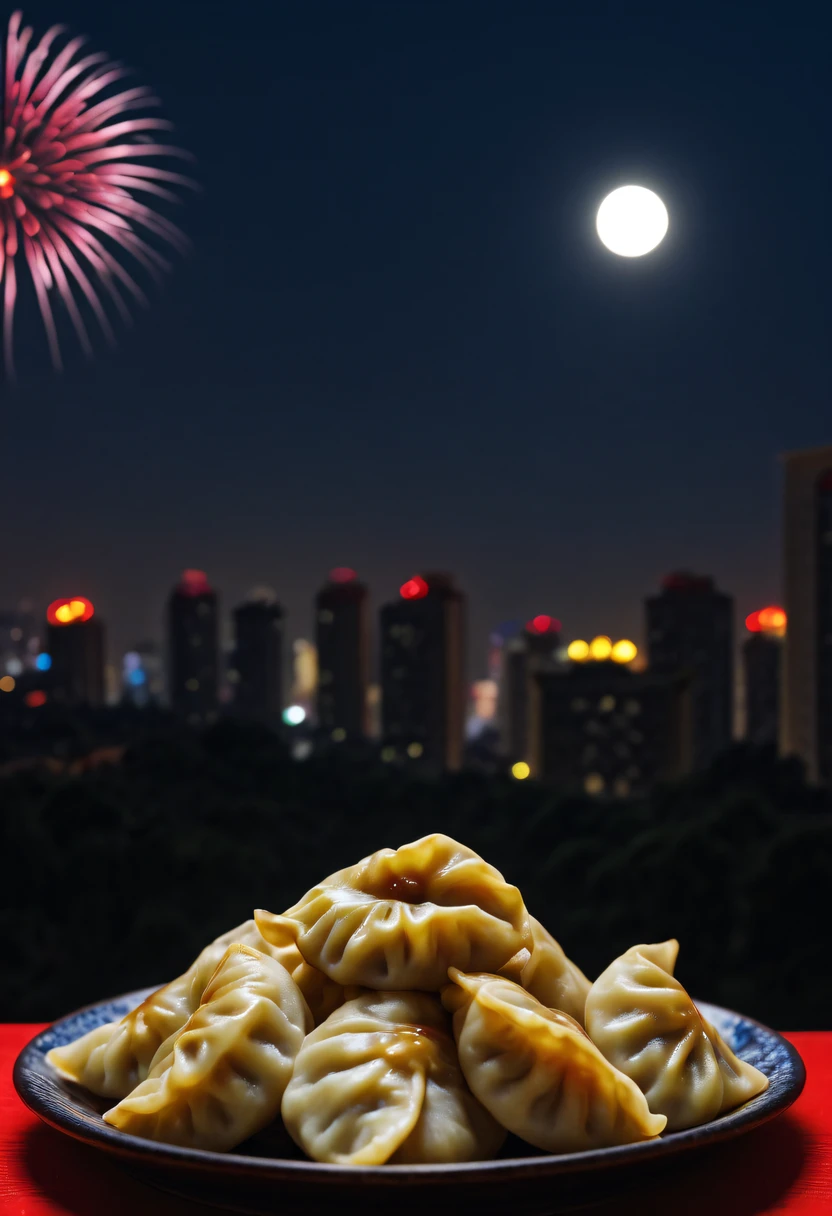 中国crescent shaped dumplings, 桌上一盘crescent shaped dumplings，crescent shaped dumplings,Fireworks outside the window light up the sky,Chinese New Year Festival, (auspicious, Red),(traditional, culture),(Pleasant, festive)