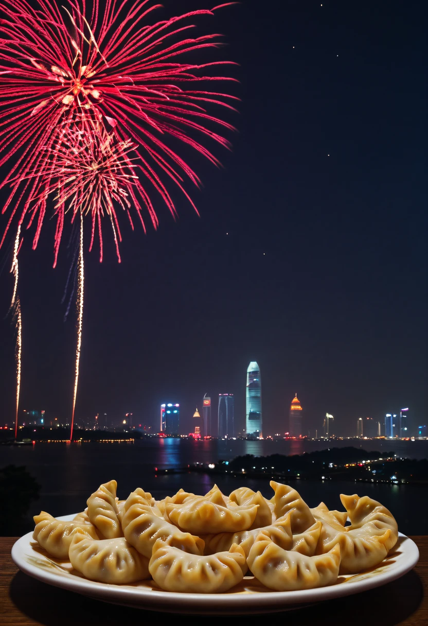 中国crescent shaped dumplings, 桌上一盘crescent shaped dumplings,crescent shaped dumplings,Fireworks outside the window light up the sky,Chinese New Year Festival, (auspicious, Red),(traditional, culture),(Pleasant, festive)