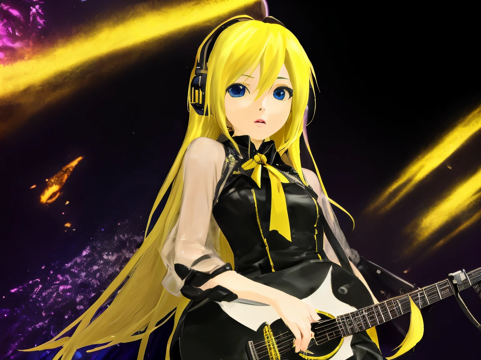 masterpiece, top quality 16k raw photo of Vocaloid3 Lily posing, blond hair blue eyes. guitar background.