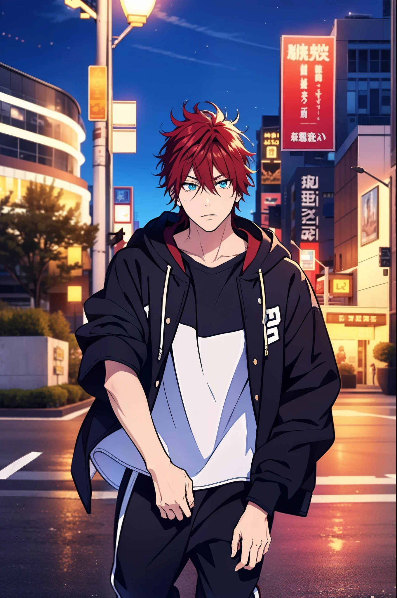 (best quality, 4k, highres), ultra-detailed, rinne amagi, red hair, blue eyes, 1 male, handsome, broad shoulders, wearing modern streetwear: hoodie, sweatpants, sneakers, city at night in the background