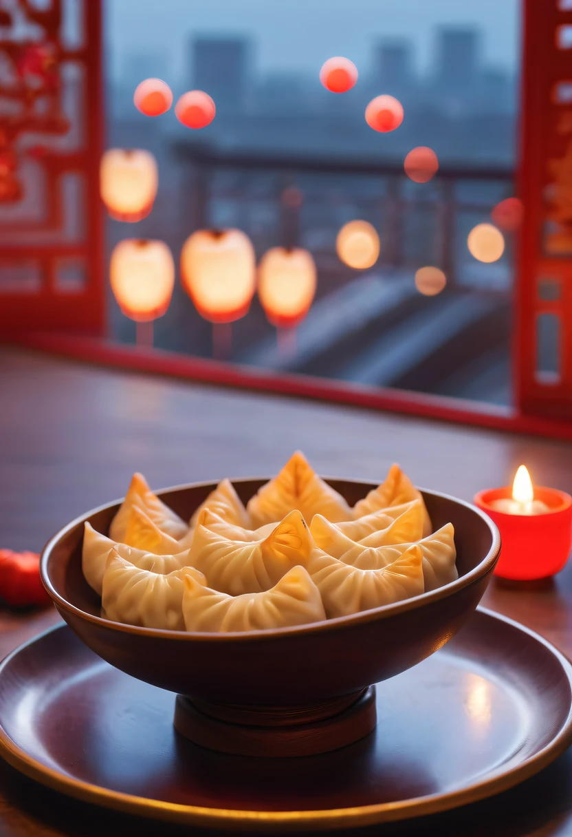 A plate of crescent-shaped dumplings on the table,Fireworks outside the window light up the sky,Chinese New Year Festival, (auspicious, Red),(traditional, culture),(Pleasant, festive)