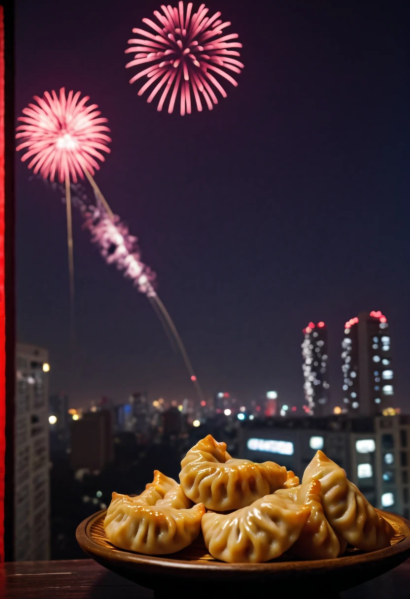 中国crescent shaped dumplings, 桌上一盘crescent shaped dumplings,crescent shaped dumplings,Fireworks outside the window light up the sky,Chinese New Year Festival, (auspicious, Red),(traditional, culture),(Pleasant, festive)