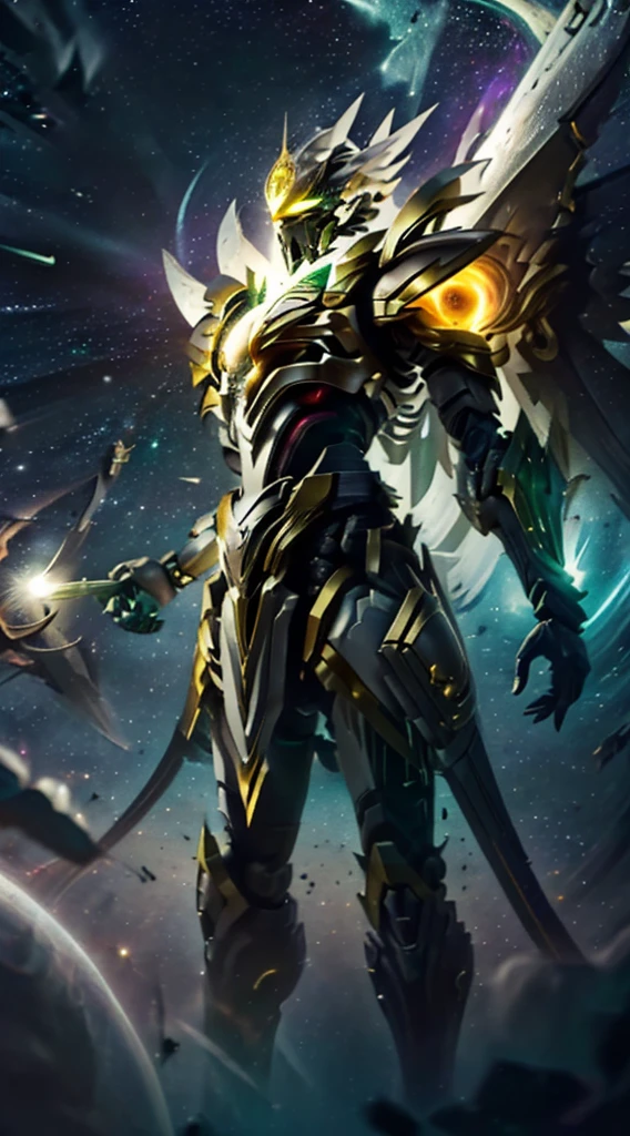 Man, with the appearance of a seraph, with Templar armor, the armor having a golden color, with a white robe above the breastplate, the robe having a "D" in the center, the "D" having a green color emerald, That it has a golden belt, that the belt is on the waist, that the armor has details in emerald, with Golden shoulder pads, That the shoulder pads are circular, with several wings on its back, That the wings are white, Closed helmet, That the helmet has a face design, That the helmet is golden, With a green visor, Legendary appearance, That it is in a firm posture, Full body, Ultra maximum quality, 8K, with Reflections in the Armor, That the emerald decorations shine, with a white light coming from the background, Good angle, good focus, Good quality in details, Let the arms be extended, let the armor on the arms be white, Let the arms have decoration, let the saying be emerald, .