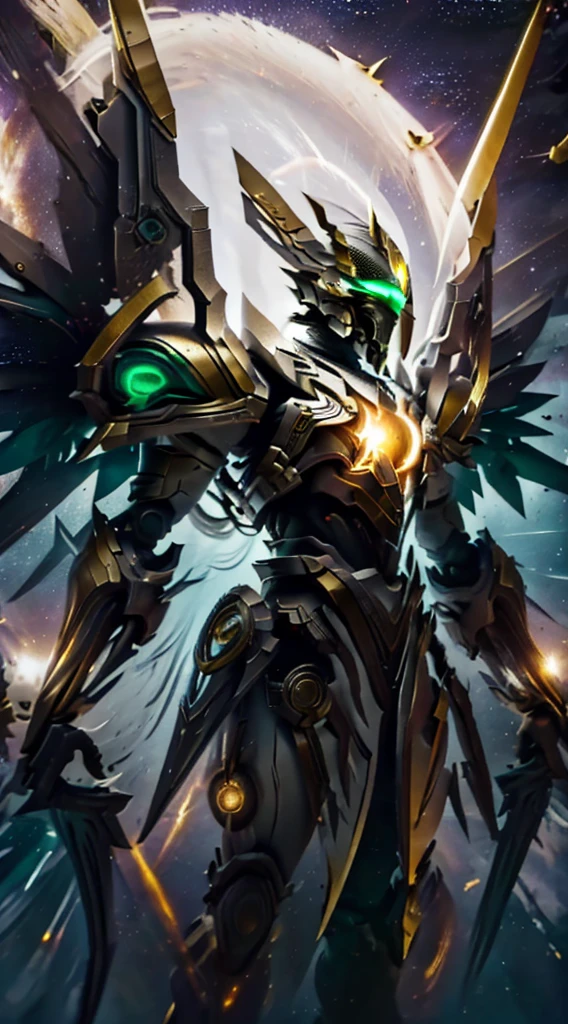 Man, with the appearance of a seraph, with Templar armor, the armor having a golden color, with a white robe above the breastplate, the robe having a "D" in the center, the "D" having a green color emerald, That it has a golden belt, that the belt is on the waist, that the armor has details in emerald, with Golden shoulder pads, That the shoulder pads are circular, with several wings on its back, That the wings are white, Closed helmet, That the helmet has a face design, That the helmet is golden, With a green visor, Legendary appearance, That it is in a firm posture, Full body, Ultra maximum quality, 8K, with Reflections in the Armor, That the emerald decorations shine, with a white light coming from the background, Good angle, good focus, Good quality in details, Let the arms be extended, let the armor on the arms be white, Let the arms have decoration, let the saying be emerald, .