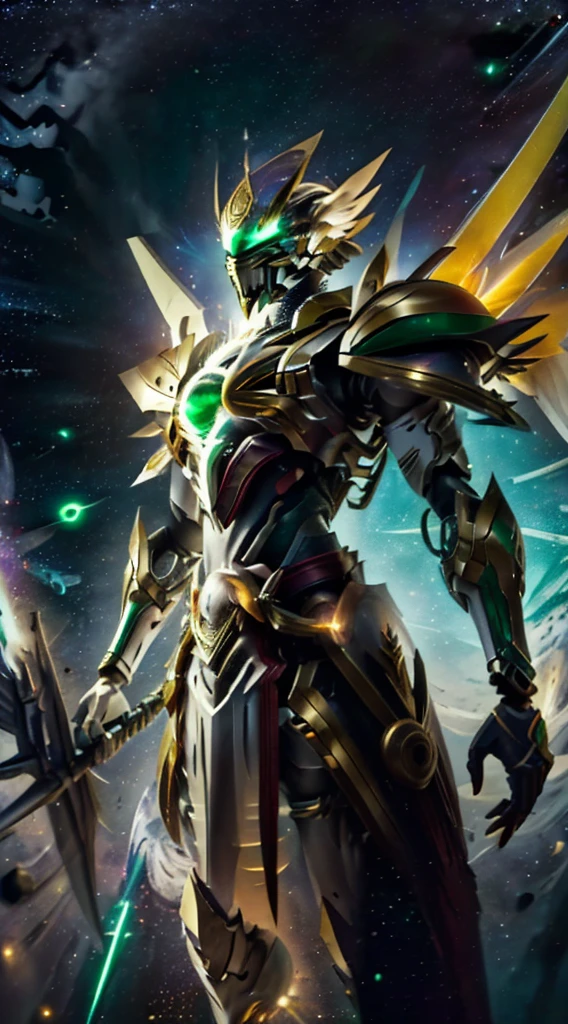 Man, with the appearance of a seraph, with Templar armor, the armor having a golden color, with a white robe above the breastplate, the robe having a "D" in the center, the "D" having a green color emerald, That it has a golden belt, that the belt is on the waist, that the armor has details in emerald, with Golden shoulder pads, That the shoulder pads are circular, with several wings on its back, That the wings are white, Closed helmet, That the helmet has a face design, That the helmet is golden, With a green visor, Legendary appearance, That it is in a firm posture, Full body, Ultra maximum quality, 8K, with Reflections in the Armor, That the emerald decorations shine, with a white light coming from the background, Good angle, good focus, Good quality in details, Let the arms be extended, let the armor on the arms be white, Let the arms have decoration, let the saying be emerald, .