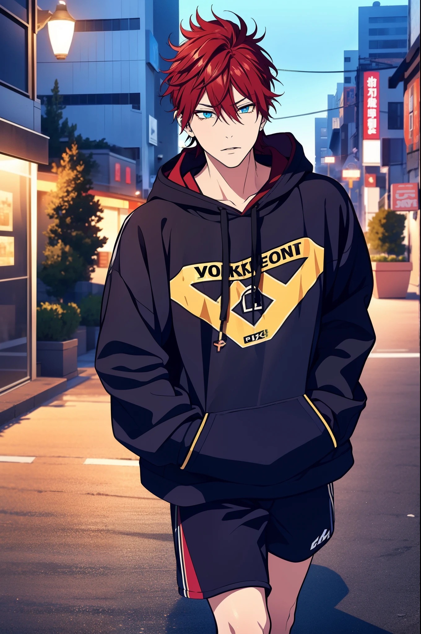 (best quality, 4k, highres), ultra-detailed, rinne amagi, red hair, blue eyes, 1 male, handsome, broad shoulders, wearing modern streetwear: hoodie, sweatpants, sneakers, city at night in the background