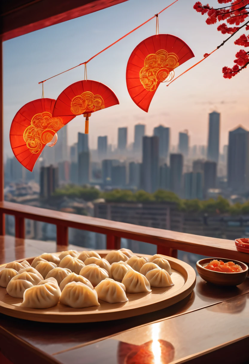 中国crescent shaped dumplings, 桌上一盘crescent shaped dumplings，crescent shaped dumplings,Fireworks outside the window light up the sky,Chinese New Year Festival, (auspicious, Red),(traditional, culture),(Pleasant, festive)