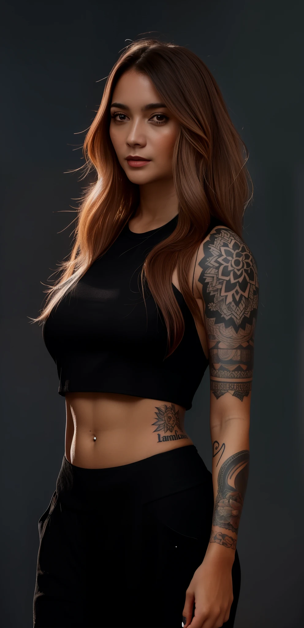 a woman com tatuagens on her arms and chest posing for a picture, tattoo sleeve on her right arm, Fotografia de uma mulher techwear, foto de uma modelo, she is wearing a black tank top, 2 Modelo feminina de 4 anos, tampo preto, usando uma regata preta cropped, com tatuagens, tanque preto apertado, Alana Fletcher, Foto de perfil