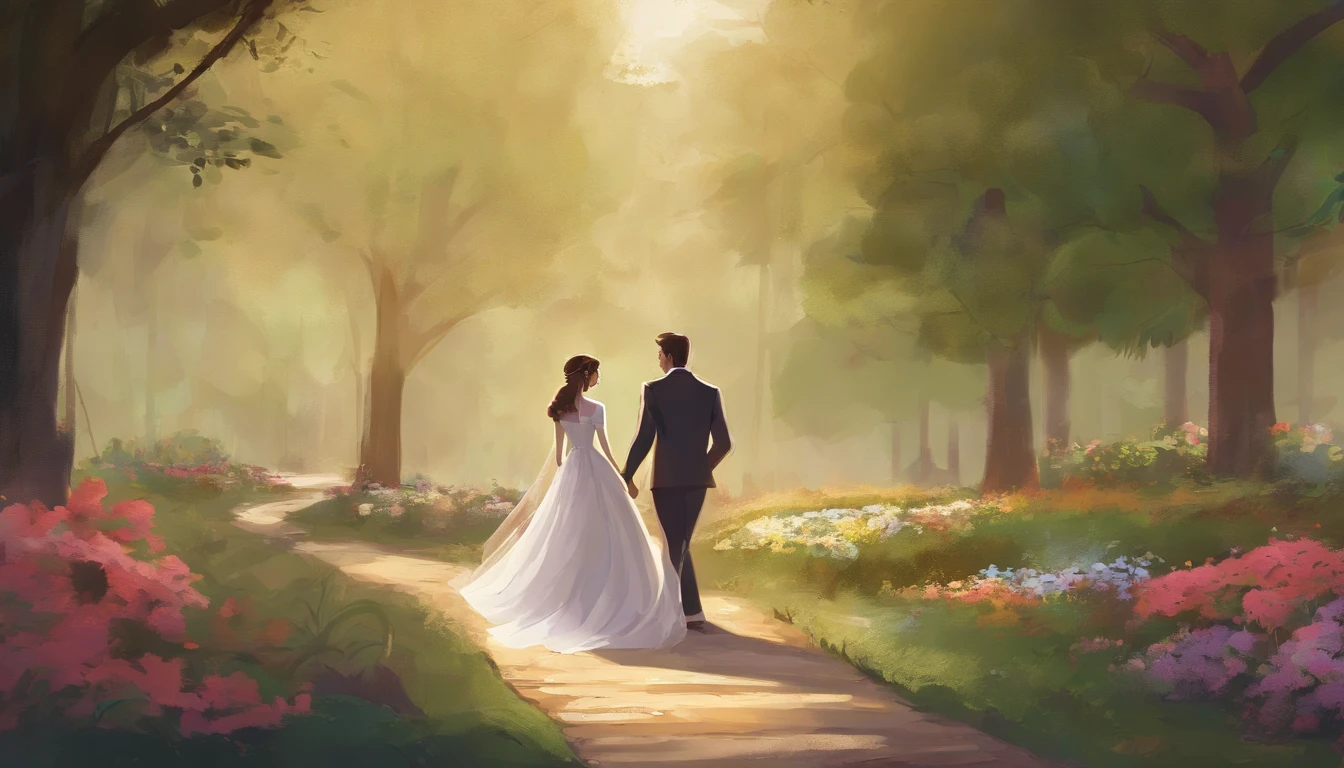 a candid shot of the bride and groom walking hand in hand along a winding path in the park, their expressions filled with joy and excitement, showcasing their love and anticipation for their future together