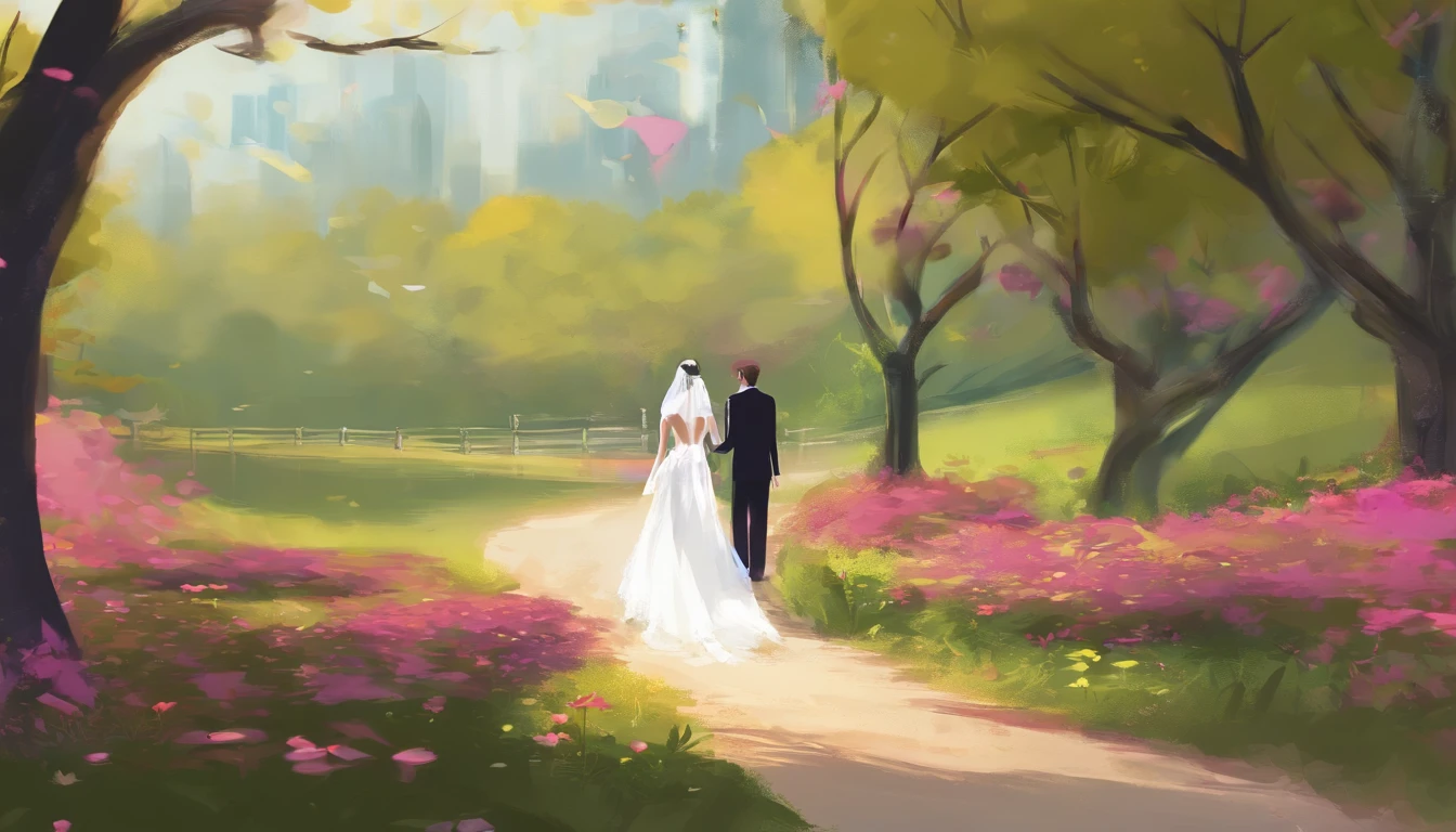 a candid shot of the bride and groom walking hand in hand along a winding path in the park, their expressions filled with joy and excitement, showcasing their love and anticipation for their future together