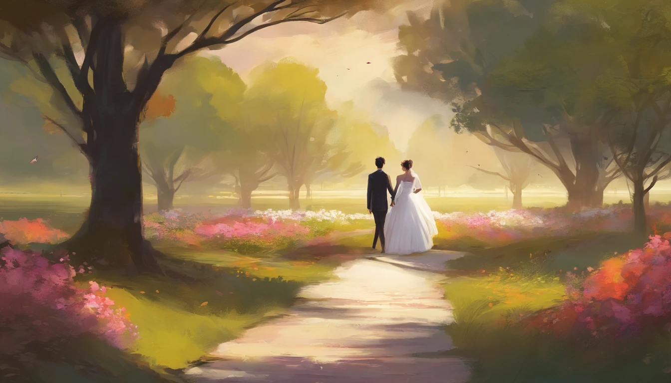 a candid shot of the bride and groom walking hand in hand along a winding path in the park, their expressions filled with joy and excitement, showcasing their love and anticipation for their future together
