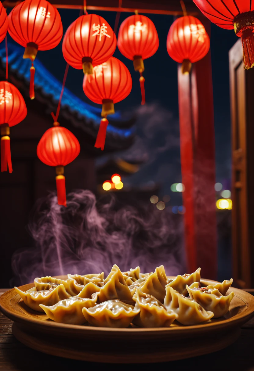 (Best quality,A high resolution:1.2),(Chinese dumplings:1.5), Dumplings,A plate of dumplings,Half moon dumplings,Chinese New Year Festival, a vibrant one atmosphere, joyful celebration, traditional customs, (delicious, smacking lips, Tasteful) Dumplings, a plate of Dumplings, different shapes of Dumplings, festive decorations, Red lanterns hanging, (Colorful, a vibrant one) Fireworks light up the sky, Family reunification, (Excited, cheerful的) Children are playing with firecrackers, (meticuloso, traditional) Dragon and lion dance, (auspicious, Red) Couplets on the door, (traditional, culture) performance grab, vivaciousness) temple fair, (Pleasant, festive) Music and dance, (The warm, comfortably) winter atmosphere, (traditional, get used to it) Sacrifice to ancestors, (和and harmony, and harmony, (auspicious, lucky) Red envelopeeautifully lit, illuminated) Streets and buildings, (traditional, gorgeous one) Chinese-style clothes, (Colorful, a vibrant one) culture displayestive, cheerful) atmosphere, (幸good fortune, good fortune) spread everywhere.