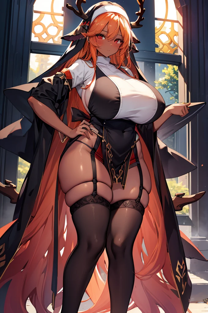 (best quality, masterpiece:1.2), backlit lighting, extremely detailed background, long hair, orange hair, (dark skin female), (nun), big breasts, Big ass, Deer antlers, large horn, heavy body, large body, venus body, gigantic large tits, red blush, stockings,garter belt,