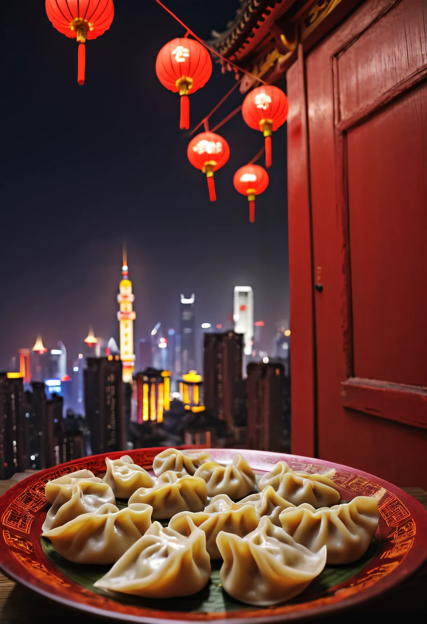 (Best quality,A high resolution:1.2),(Chinese dumplings:1.5), Dumplings,A plate of dumplings,Half moon dumplings,Chinese New Year Festival, a vibrant one atmosphere, joyful celebration, traditional customs, (delicious, smacking lips, Tasteful) Dumplings, a plate of Dumplings, different shapes of Dumplings, festive decorations, Red lanterns hanging, (Colorful, a vibrant one) Fireworks light up the sky, Family reunification, (Excited, cheerful的) Children are playing with firecrackers, (meticuloso, traditional) Dragon and lion dance, (auspicious, Red) Couplets on the door, (traditional, culture) performance grab, vivaciousness) temple fair, (Pleasant, festive) Music and dance, (The warm, comfortably) winter atmosphere, (traditional, get used to it) Sacrifice to ancestors, (和and harmony, and harmony, (auspicious, lucky) Red envelopeeautifully lit, illuminated) Streets and buildings, (traditional, gorgeous one) Chinese-style clothes, (Colorful, a vibrant one) culture displayestive, cheerful) atmosphere, (幸good fortune, good fortune) spread everywhere.