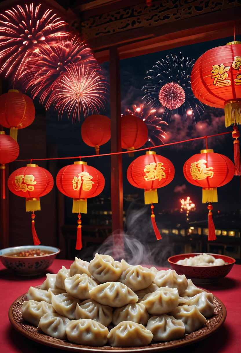 (Best quality,4K,8K,A high resolution,tmasterpiece:1.2),ultra - detailed,(actual,photoactual,photo-actual:1.37),Chinese dumplings:1.5, A plate of dumplings on the table, crescent shaped dumplings, Fireworks outside the window light up the sky, Chinese New Year Festival, (auspicious, Red), (traditional, culture), (cheerful, festive), Table prepared for celebration, Vibrant decorations, Family gatherings, children laughing and playing, Elders pass on traditions, The air is filled with the aroma of dumplings, Steam comes out of the dumplings, Intricate folding patterns on dumplings, auspicious symbols on decorations, Bright red lanterns hang from the ceiling, Every bite is full of authentic flavor, Warm and welcoming atmosphere, Cheerful background music, cheerful cheers and toasts, Bright smile and happy face, feeling of unity, festive dragon dance, Lively lion dance, The aroma of incense and flowers, Lively and bustling street, Colorful fireworks fill the sky, Chinese calligraphy banner，express best wishes, a feeling of gratitude and blessing.