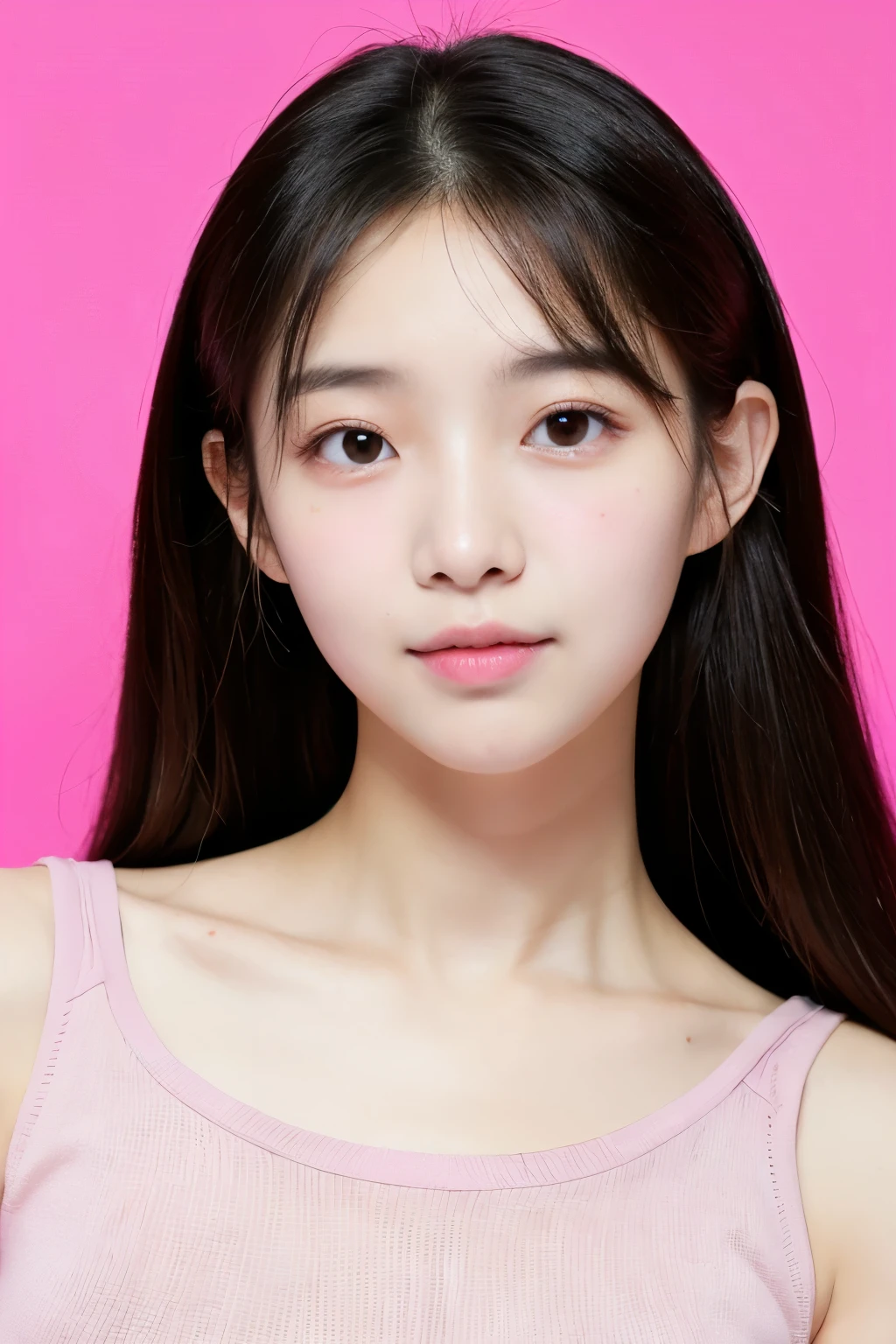id photo of a beautiful korean girl with a v shaped face, slim and small nose, big upturned eyes and big plump pink lips