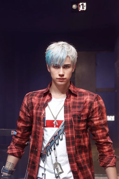 A white teenage boy with white hair and a hint of blue wearing a red checkered shirt