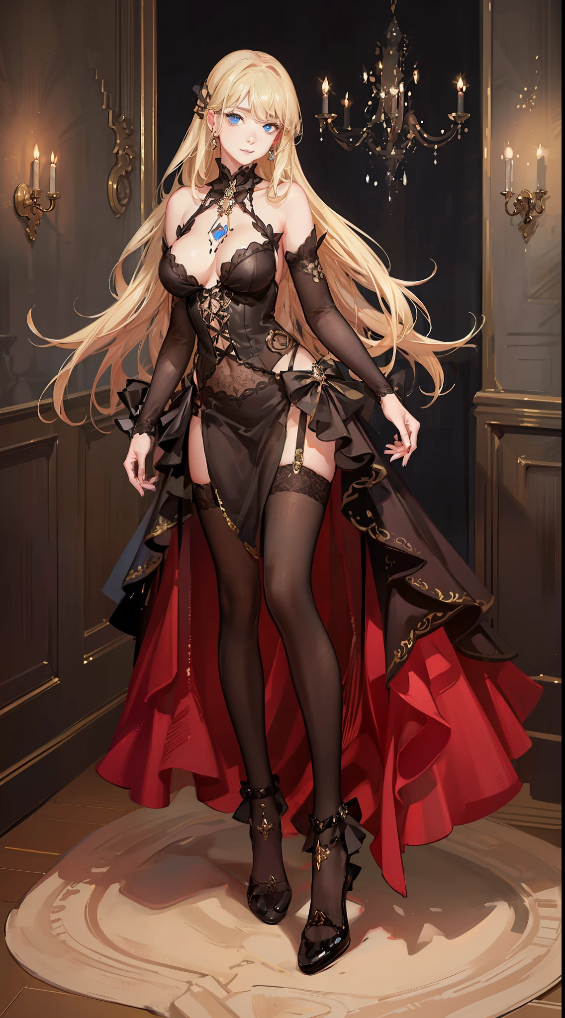 high quality fingers, normal hands, detailed fingers, masterpiece, (realistic, photo-realistic:1.37), (full body:1.5), High-end editorial-style photoshoot highlighting the beauty of a woman with blonde hair and bright blue eyes, dressed in a chic red and black corset, thin waist, seductive smile, large tits, perfect body, perfect face, (full body:1.5), set within the refined atmosphere of a Victorian ballroom. Stylish, elaborate jewelry made with expensive gems.