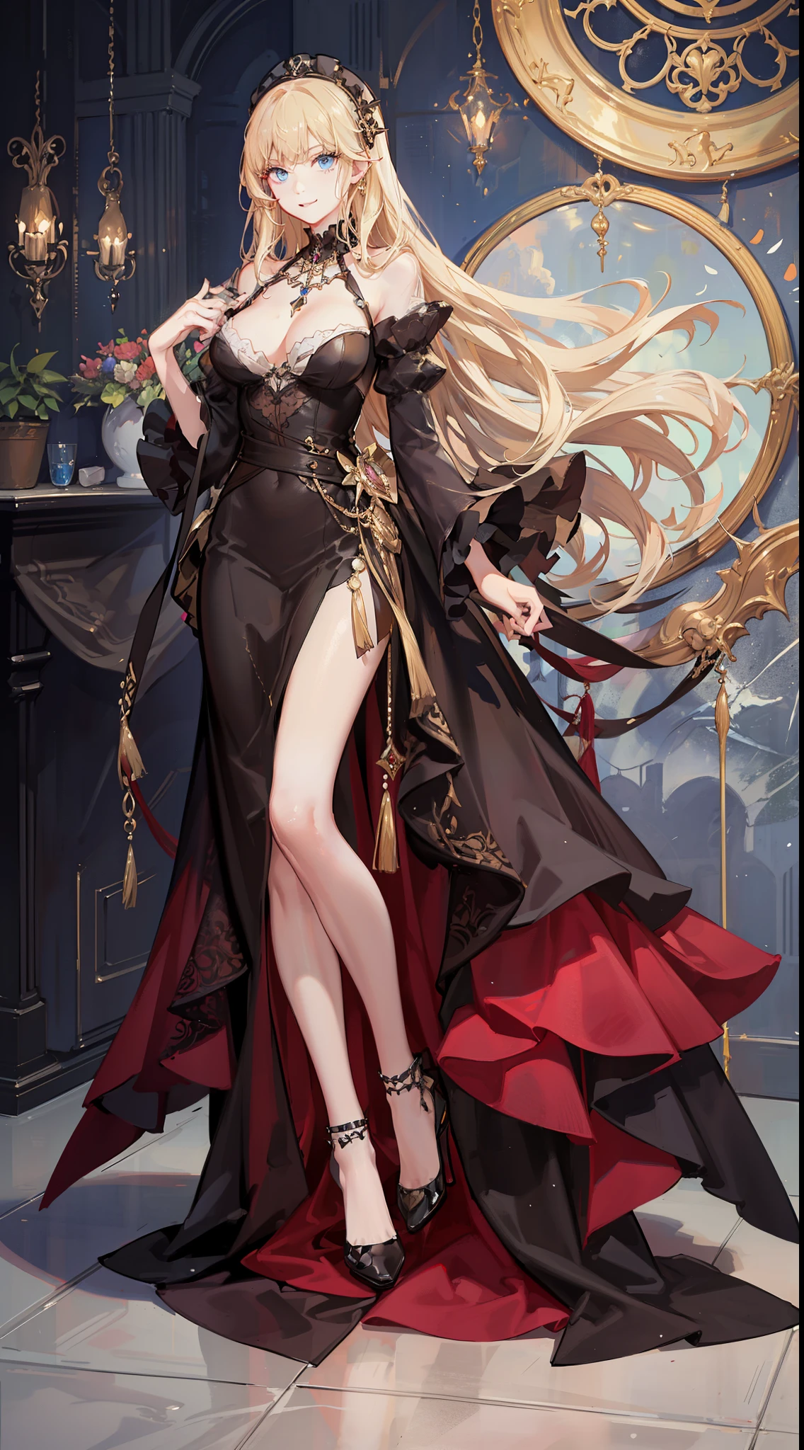 high quality fingers, normal hands, detailed fingers, masterpiece, (realistic, photo-realistic:1.37), (full body:1.5), High-end editorial-style photoshoot highlighting the beauty of a woman with blonde hair and bright blue eyes, dressed in a chic red and black corset, thin waist, seductive smile, large tits, perfect body, perfect face, (full body:1.5), set within the refined atmosphere of a Victorian ballroom. Stylish, elaborate jewelry made with expensive gems.