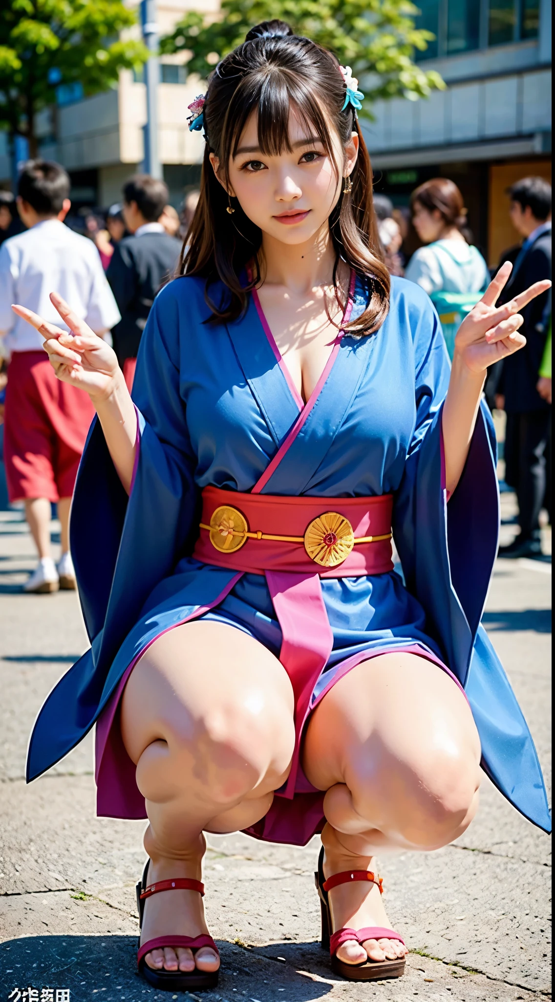 woman posing for a photo(Kimono_Clothes、doress:1.3)、Kimono with a  pattern、Half-like face、Beautiful shape、beautiful dark blue eyes、long wavy brown hair、
Good Hand、hight resolution、​masterpiece、top-quality、headw:1.3、((Hasselblad photo))、It&#39;s a wonderful day、(Cinematographic lighting)、鎖骨、large full breasts、Slim abs、slim ass、Thin leg、A street bustling with Japan festivals、Sunnyday、dynamic ungle、[:(详细的脸:1.2):0.2]、 the wind、 Wearing pink panties、pantyshot、Squatting and crotch open、Perfect fingers